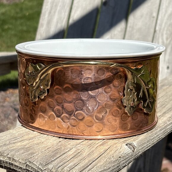 Ceramic Casserole Dish Solid Copper Holder & Brass Handles Small Dip Chafing - Picture 5 of 9